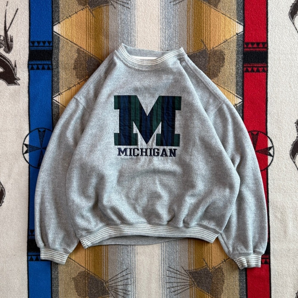 Vintage University Of Michigan Wolverines Sweatshirt XL Gray Plaid Embroidered - Picture 1 of 8